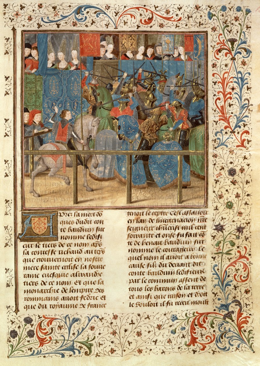 Ms 149 t.3 fol.82 En turneringsscen, från Histoire des Nobles Princes de Hainaut, av Jacques de Guise av French School