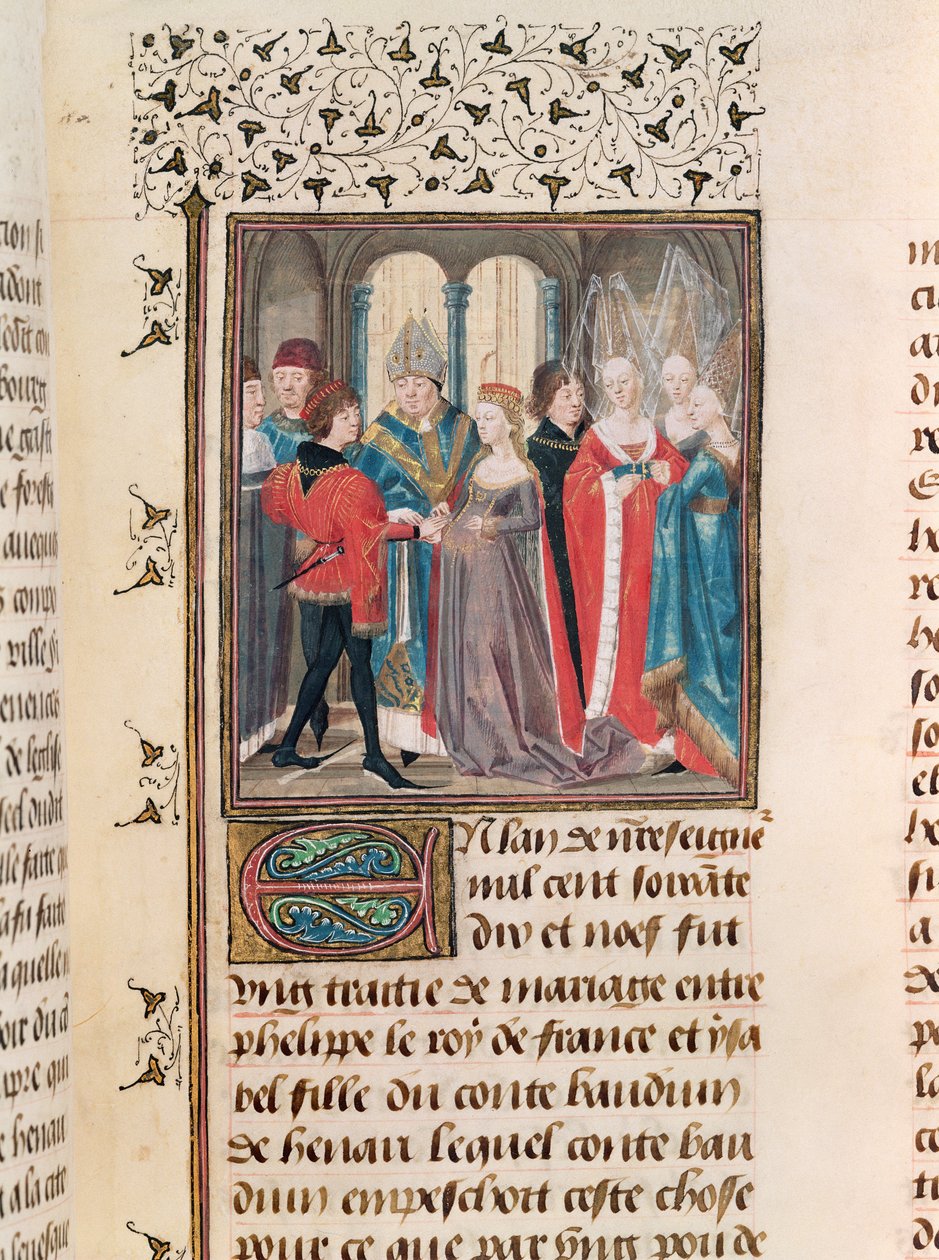 Ms. 149 t.3 fol.88 Philippe Augustes (1165-1223) äktenskap, kung av Frankrike och Isabelle av Hainault, dotter till greve Baudouin av French School