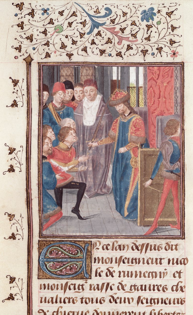 Ms 149 t.3 fol.95v Utnämning av två riddare, från Histoire des Nobles Princes de Hainaut, av Jacques de Guise av French School