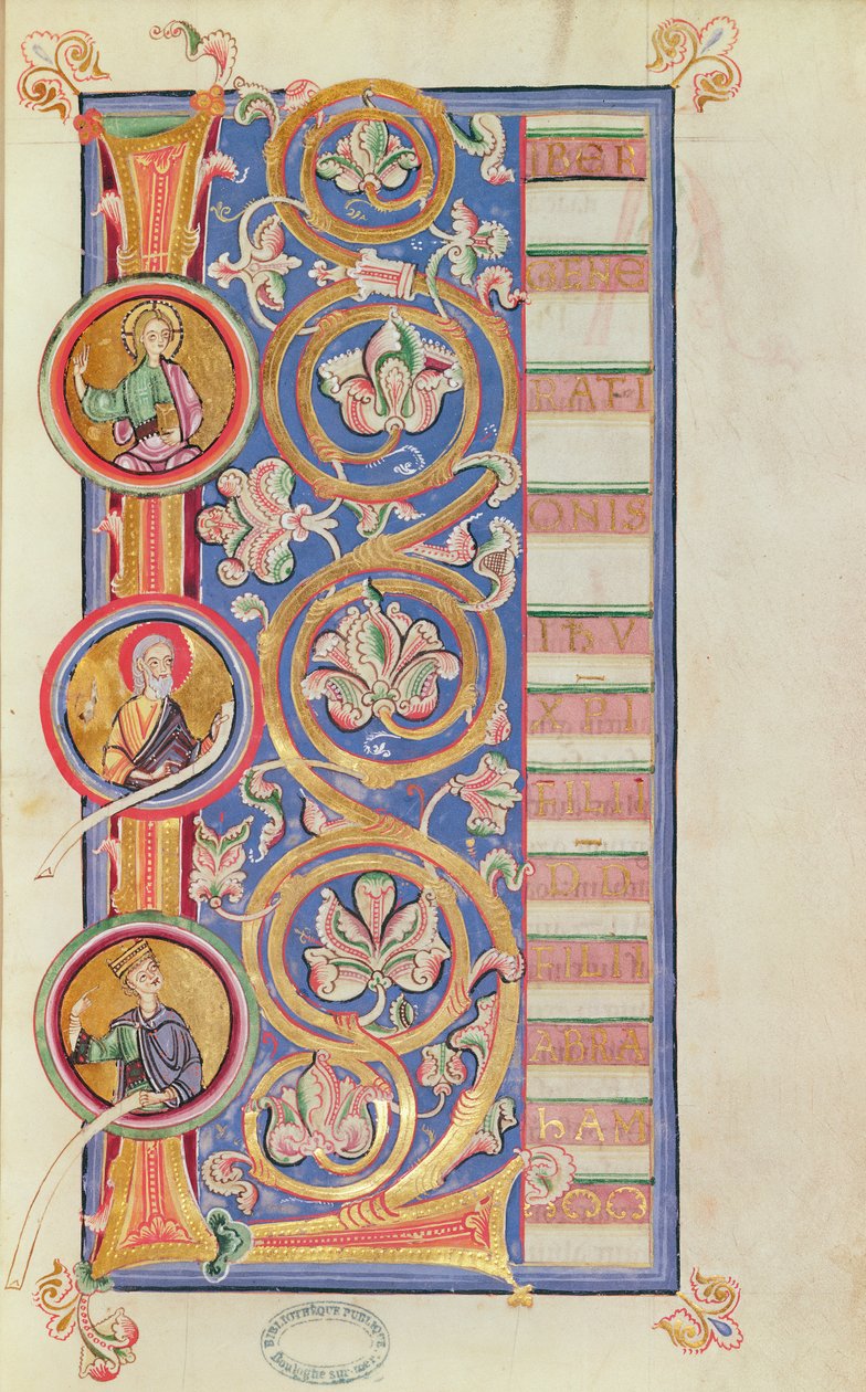 Ms 14 fol.23 Historikerad initial L med medaljonger, från en evangelie av French School