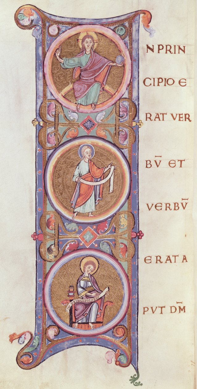 Ms 14 fol.60v Historikerad initial I som skildrar början av Johannesevangeliet av French School