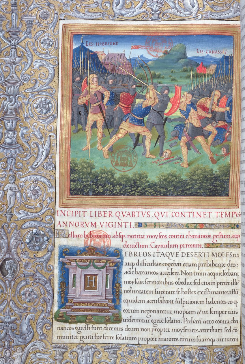 Fru 1581 f. 071 Illustration från bok IV (från den generationens förkastande till Moses död), kapitel 1 i judarnas antikviteter (Antiquitates Judaicae) av Flavius Josephus - Fight of av French School