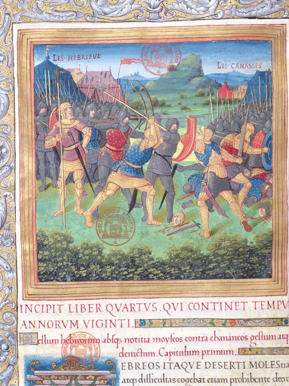 Fru 1581 f. 071 Illustration från bok IV (från den generationens förkastande till Moses död), kapitel 1 i judarnas antikviteter (Antiquitates Judaicae) av Flavius Josephus - Fight of av French School