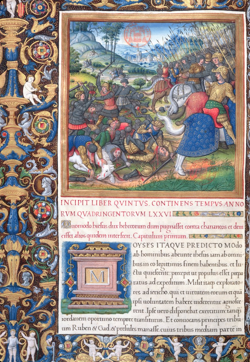 Fru 1581 f. 089v Illustration från bok V (Från Moses död till Elis död), kapitel 1 av judarnas antikviteter (Antiquitates Judaicae) av Flavius Josephus - How Joshua, the Commande av French School