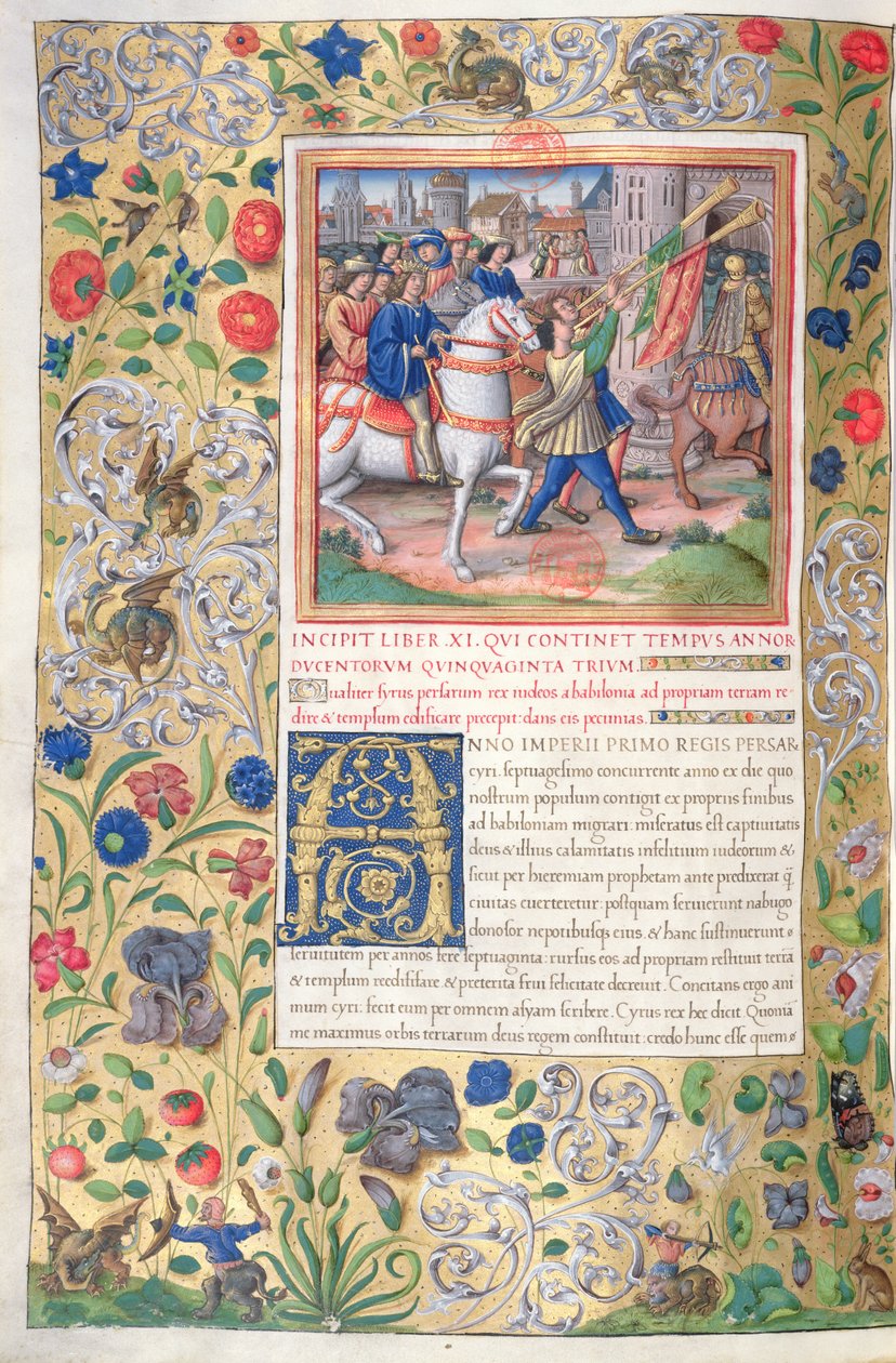 Fru 1581 f. 211v Illustration från bok XI (från Kyros första år till Alexander den stores död), kapitel 1 i judarnas antikviteter (Antiquitates Judaicae) av Flavius Josephus - Ho av French School
