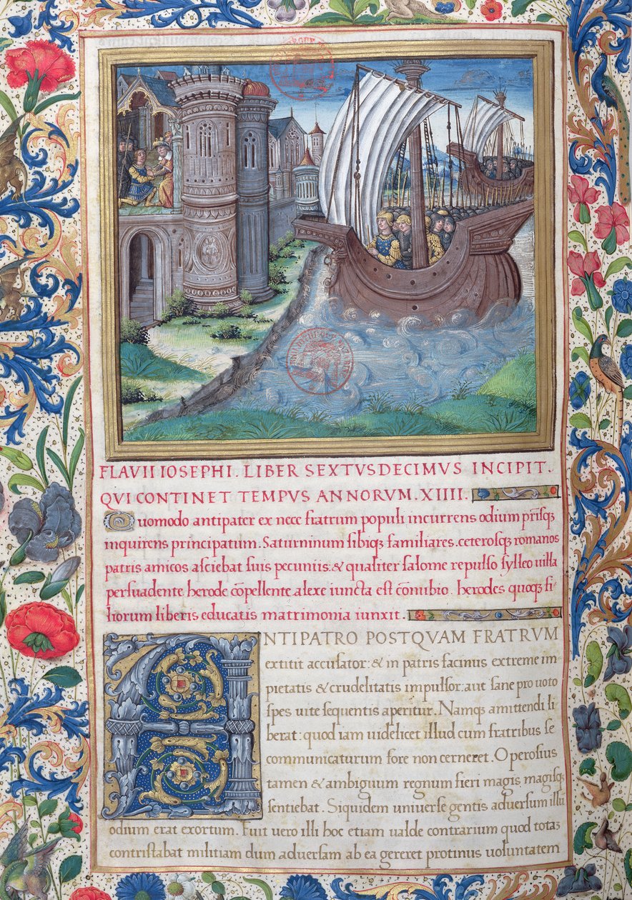 Fru 1581 f. 326v Illustration från bok XVI (från Herodes slutförande av templet till Alexanders och Aristobulus