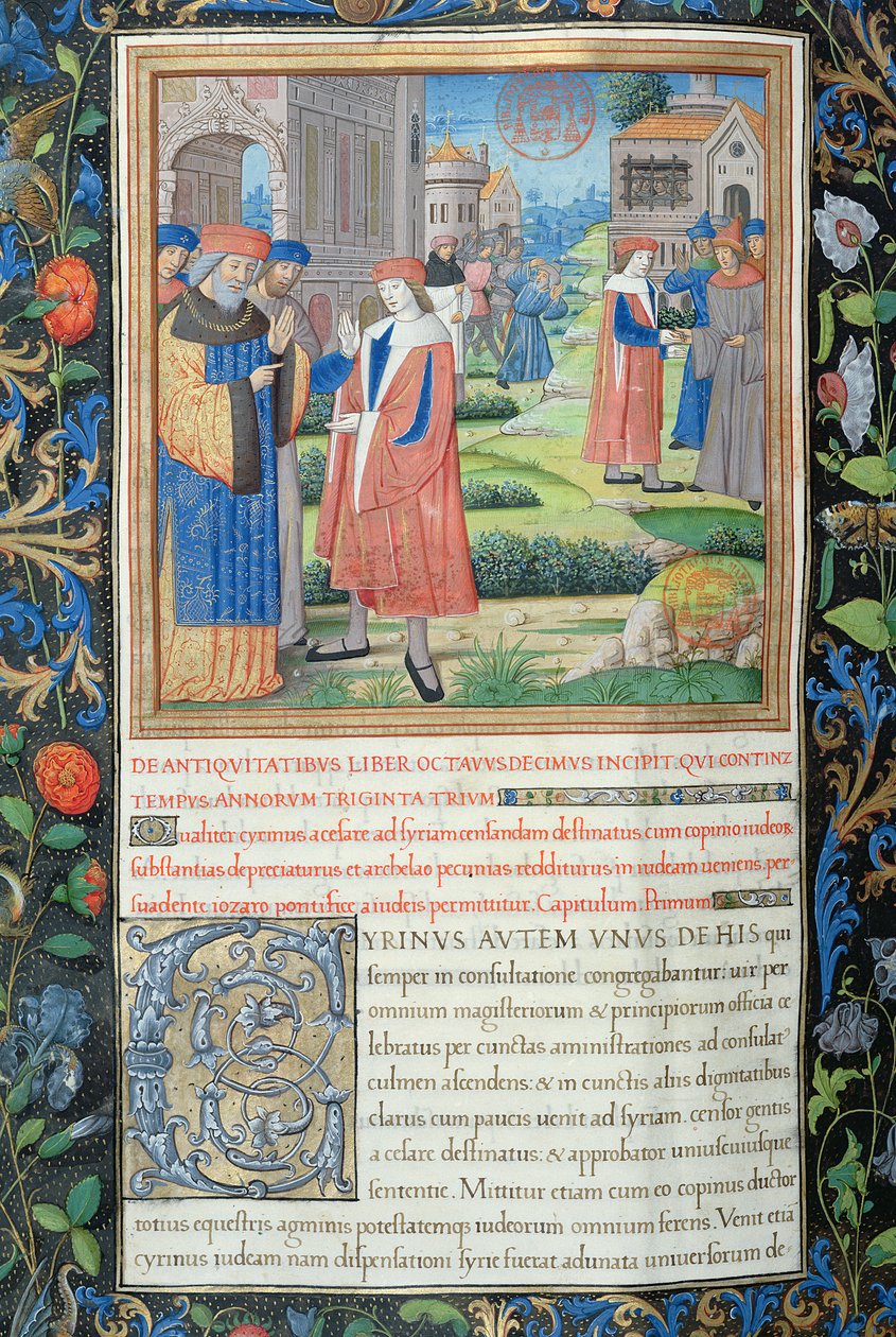 Fru 1581 f. 349v Illustration från bok XVIII (från arkelaos förvisning till judarnas avgång från Babylon), kapitel 1 i judarnas antikviteter (Antiquitates Judaicae) av Flavius av French School
