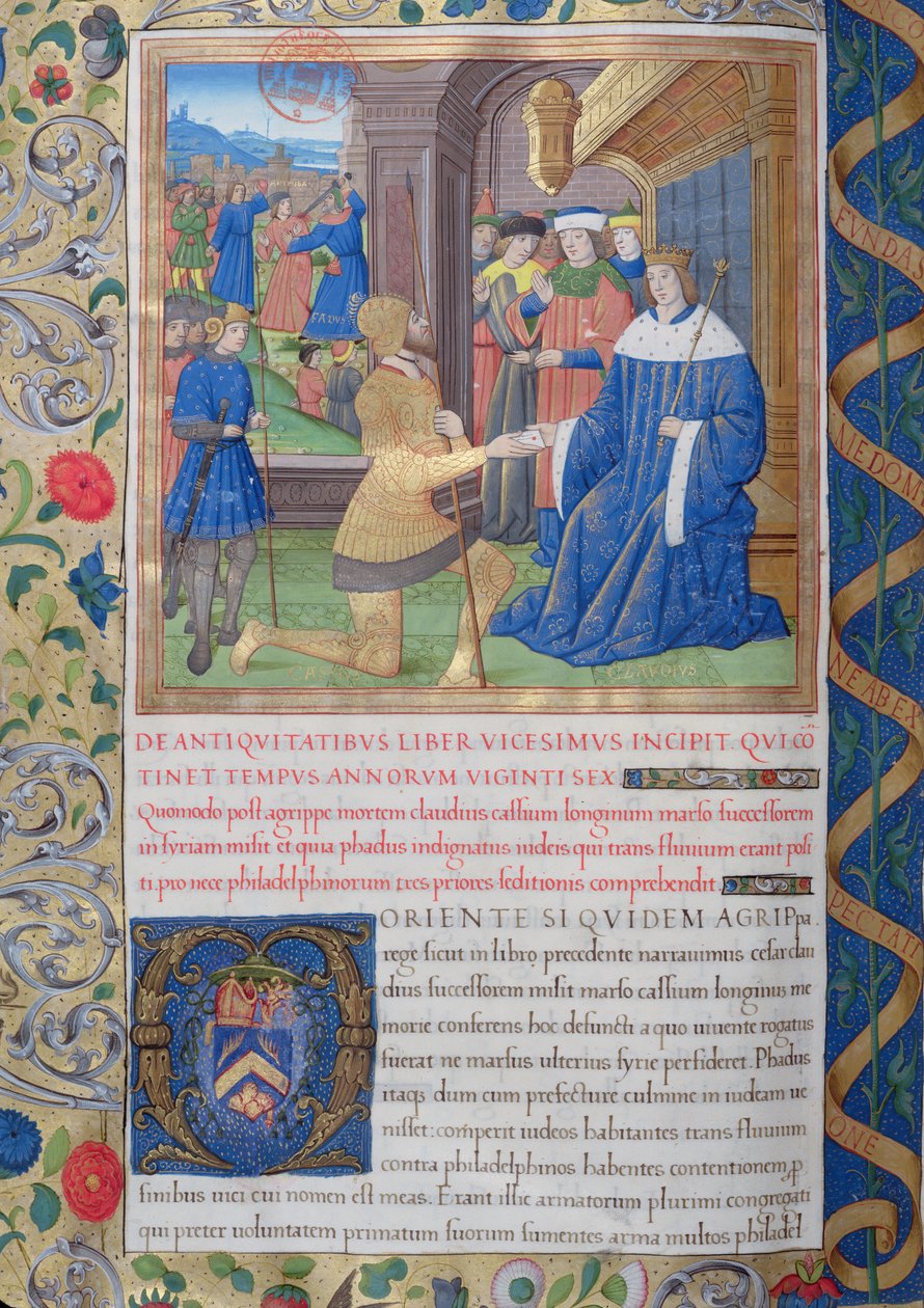 Fru 1581 f. 897v Illustration från bok XX (från prokuratorn Fadus till Florus), kapitel 1 i judarnas antikviteter (Antiquitates Judaicae) av Flavius Josephus - Hur efter Agrippas död, av French School