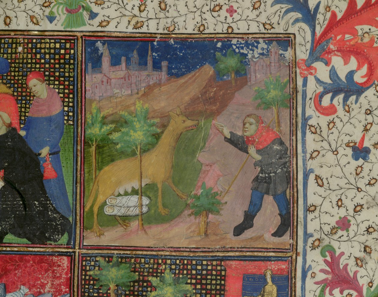 Ms 1595 Romulus och Remus som dias av en varg, från ord och handlingar av erfarenheter, ca 1475 av French School