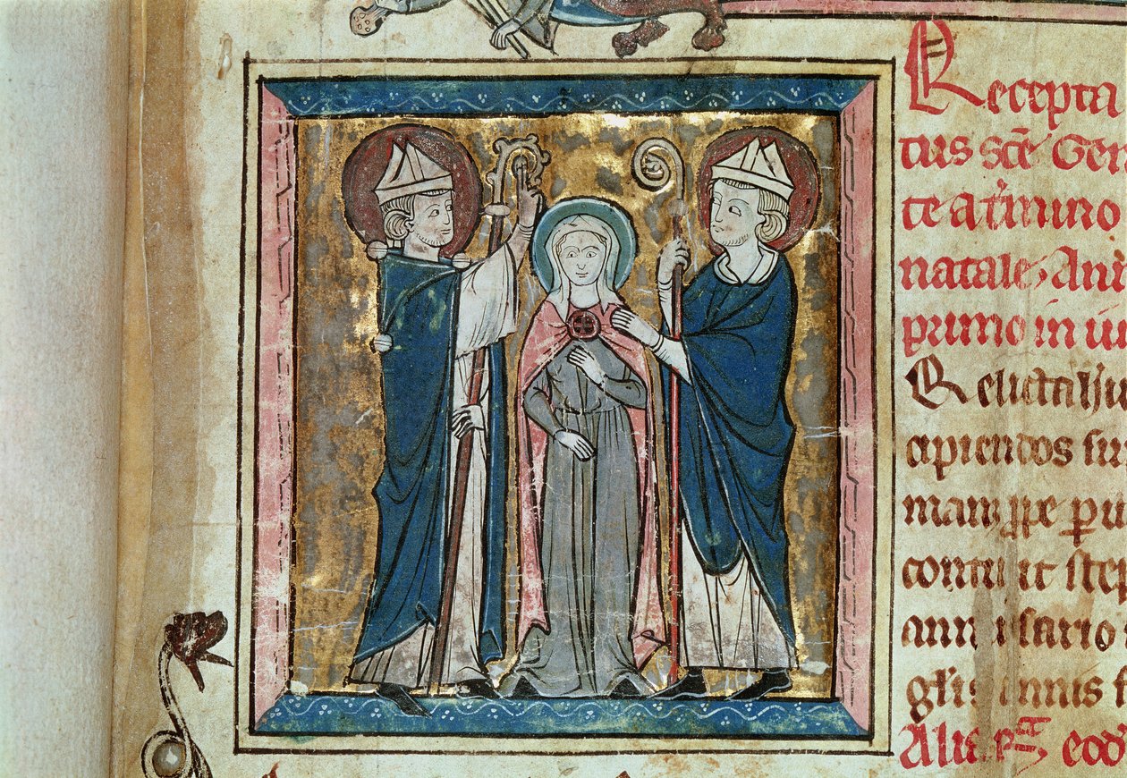 Ms 16261 f.1 Enthronement of St. Genevieve, från Censier de lAbbaye Sainte-Genevieve av French School