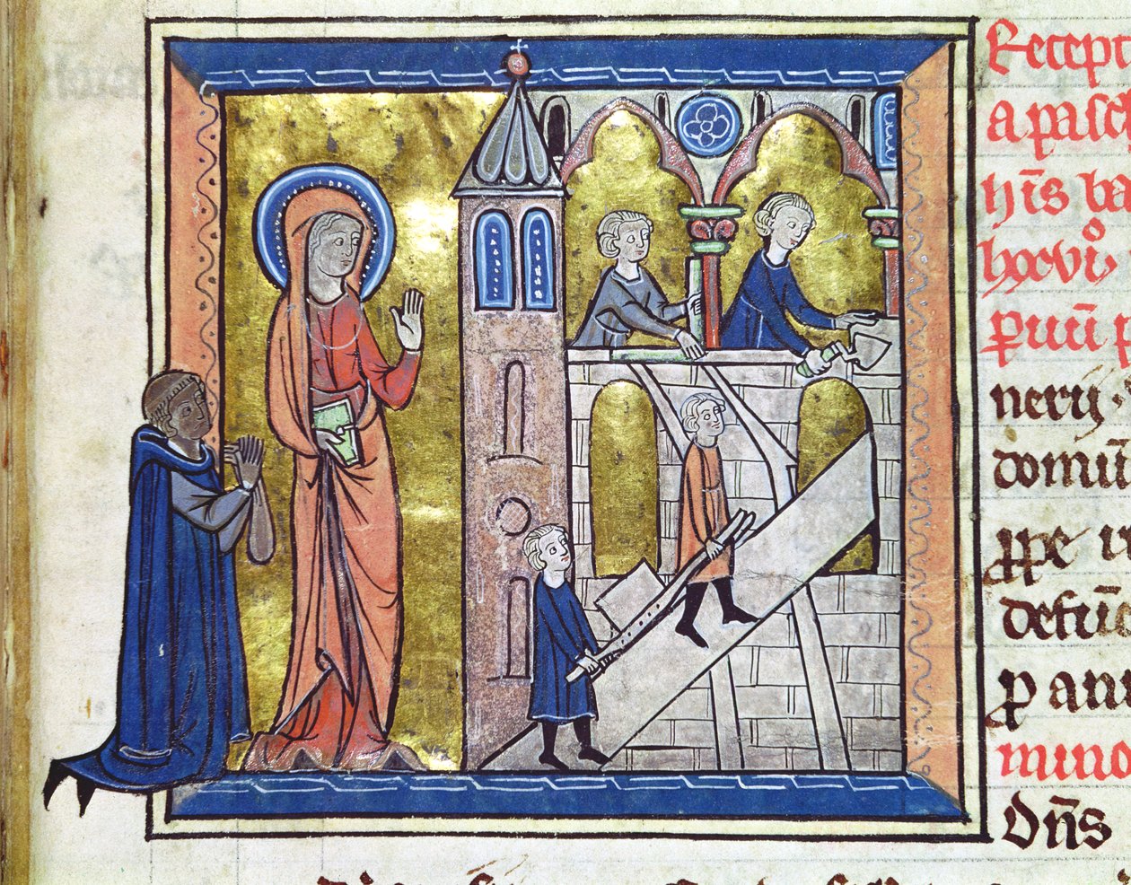 Ms 16261 f.20 Konstruktion av klostret, från Censier de lAbbaye Sainte-Genevieve, 1270 av French School