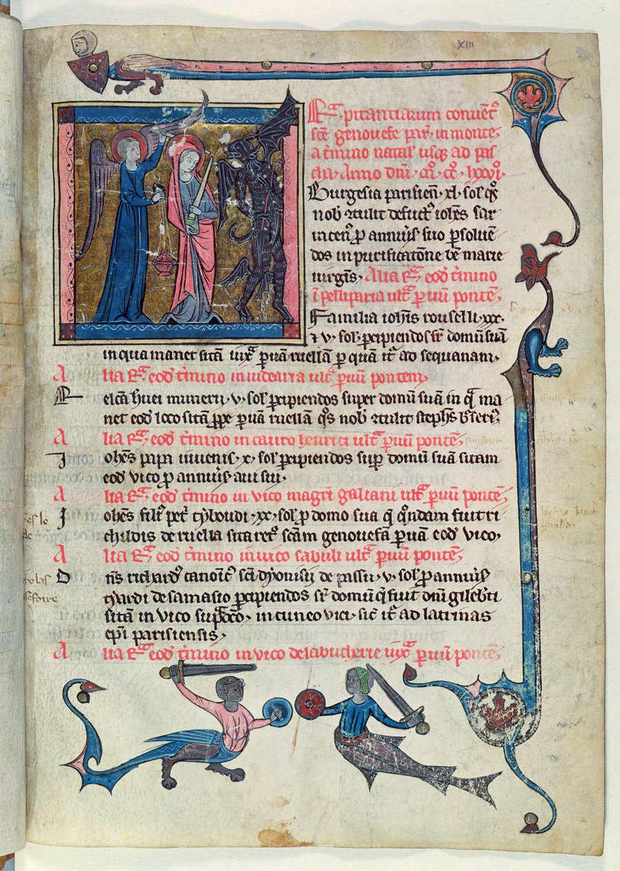 Ms 16261 fol.13v St. Genevieve kämpar mot en demon med hjälp av en ängel, från Censier de lAbbaye Sainte-Genevieve av French School