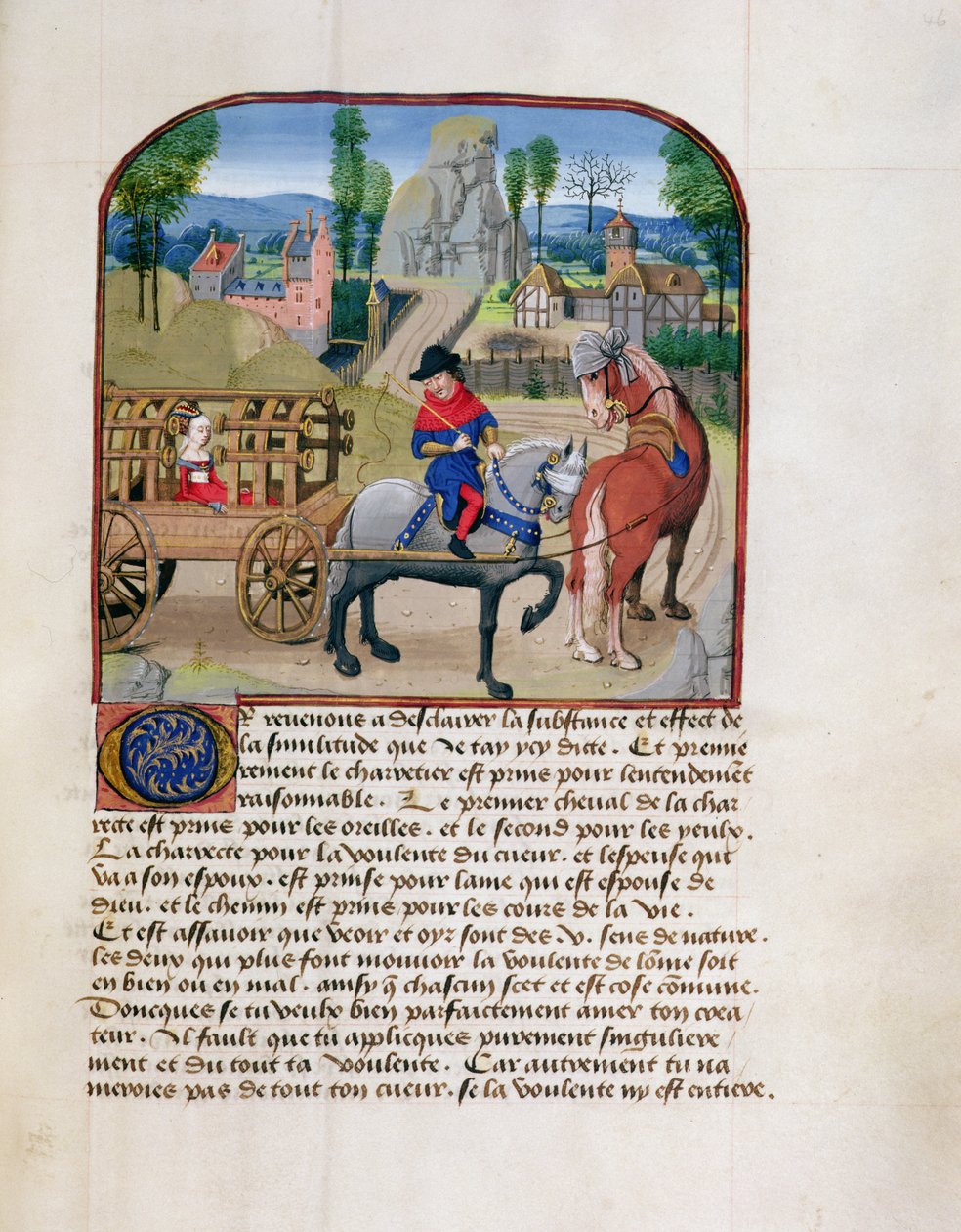 Ms 165 fol.46r Lady i en täckt vagn dragen av två hästar, från l