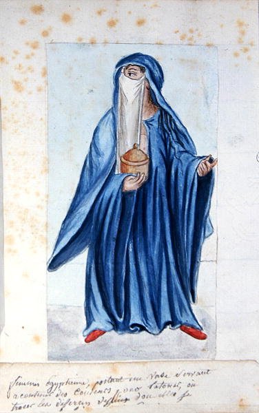 Egyptisk kvinna från 1688 som håller i en vas med tatueringspigment av French School