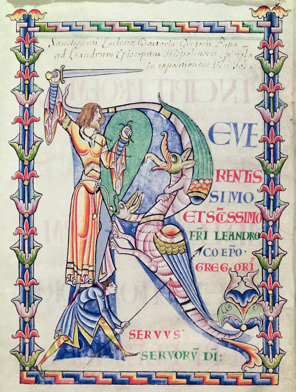 Ms 168 f.4v Historikerad initial R som visar en riddare som slåss mot en drake, från Moralia i Job av påven Gregorius den store av French School