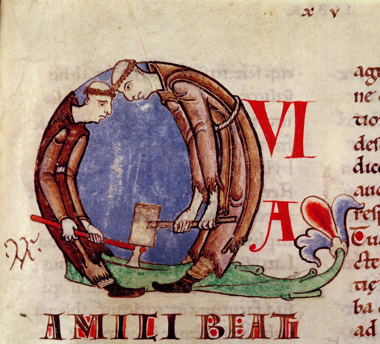 Ms 170 fol.59 Historikerad initial Q som föreställer munkar som hugger ved, från Moralia i Job av påven Gregorius den store av French School