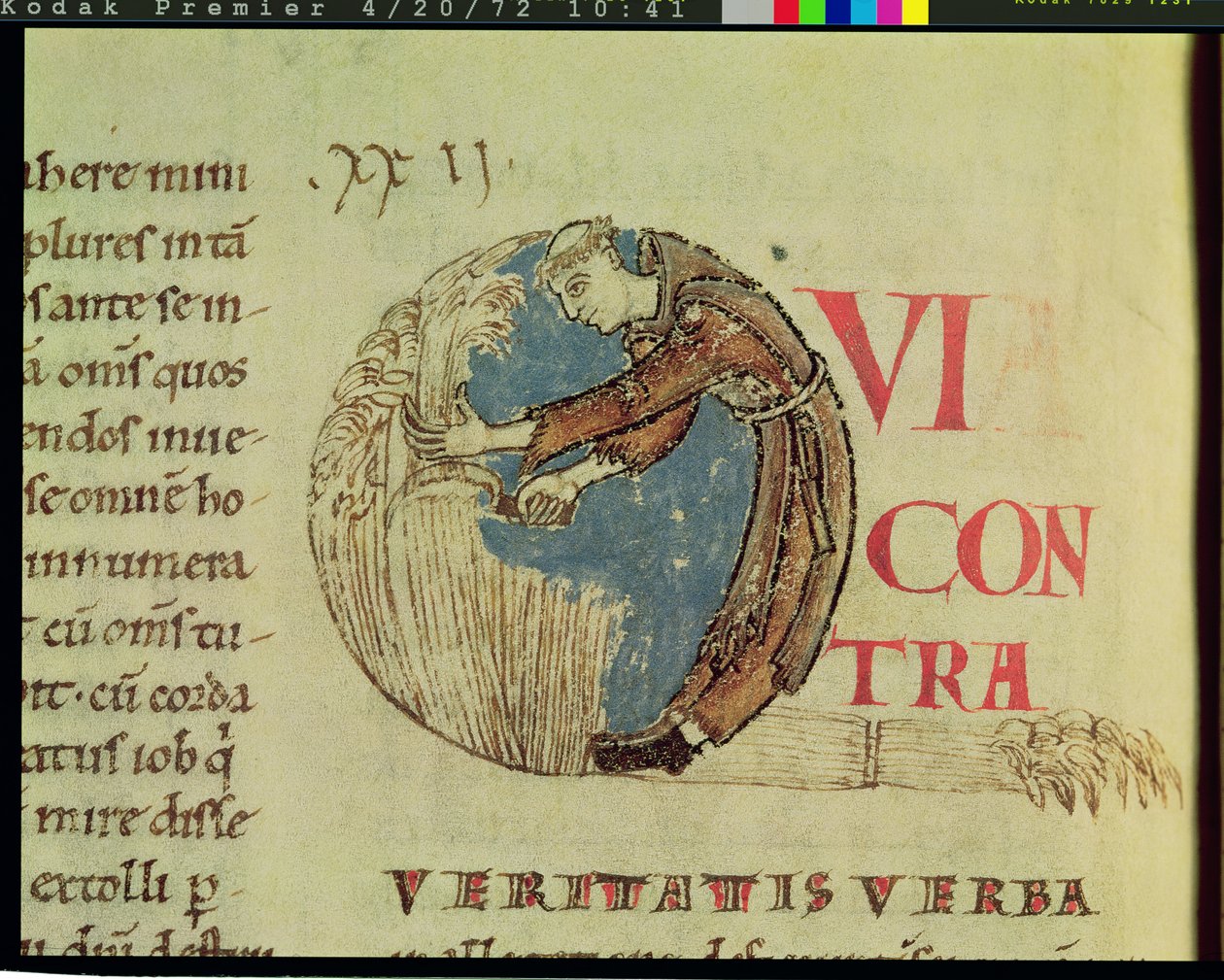 Ms 170 fol.75v Historikerad initial Q som visar en cisterciensermunk som skördar på fälten, från Moralia in Job av påven Gregorius den store av French School