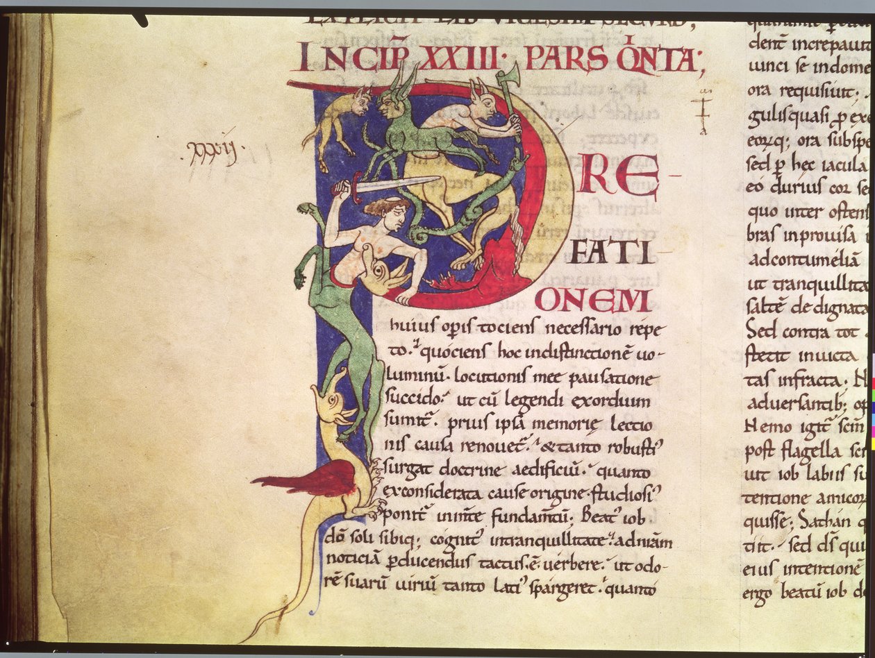 Ms 173 Historikert initial P som visar kentaurer, drakar och monster, från Moralia i Job av påven Gregorius den store av French School