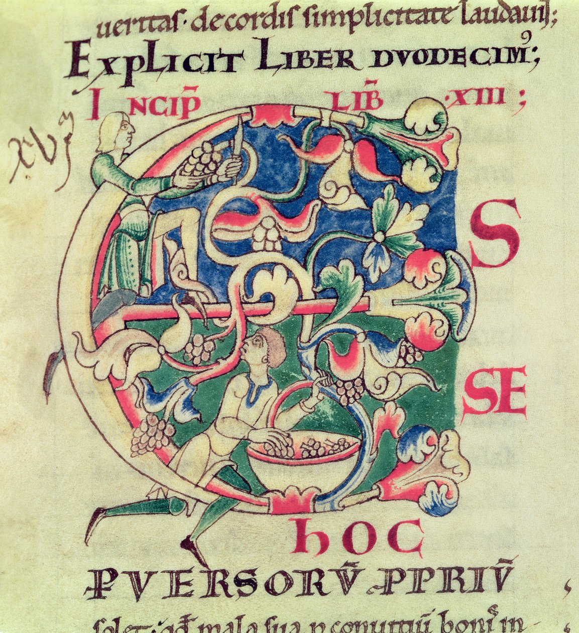 Ms 173 f.32 Historikerad initial E som visar druvskörden, från Moralia i Job av påven Gregorius den store av French School