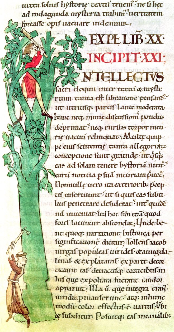 Ms 173 f.41 Historikerad initial I föreställande en munk och en lekman som hugger och beskär ett träd, från Moralia in Job av påven Gregorius den store av French School