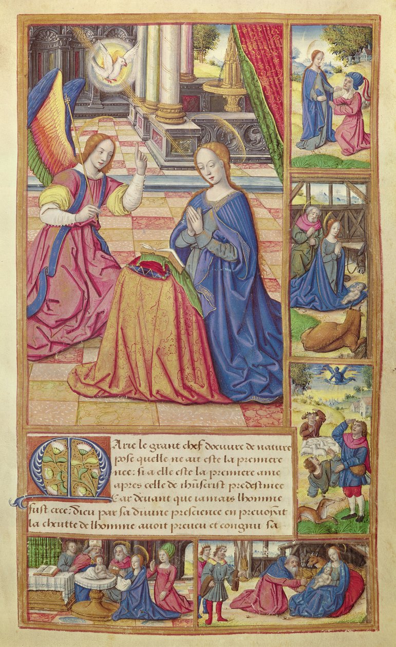 Ms 17 fol.2 The Annunciation and the Childhood of Christ, från Vie des Femmes Celebres, c.1505 av French School