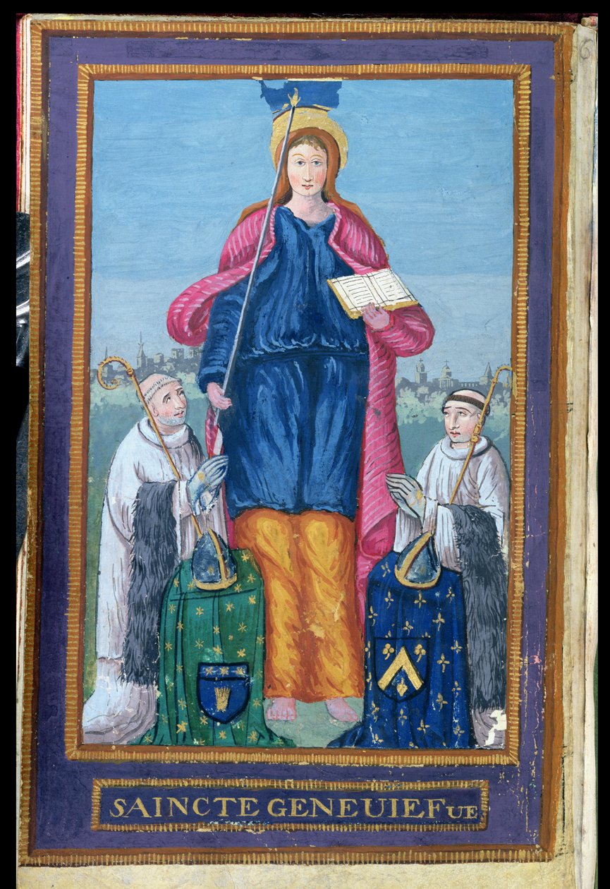 Ms 1847 Avbildning av St. Genevieve, från ett manuskript om transporten av hennes relikvieskrin, 1594 av French School