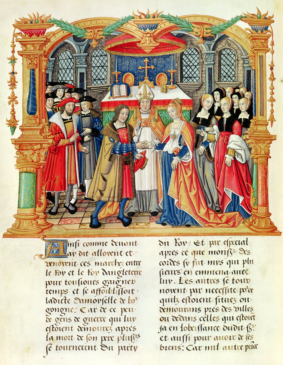 Ms 18 f.185v Äktenskap mellan Maria av Bourgogne och Maximilian I, kejsare av Österrike, från Philippe av Commines