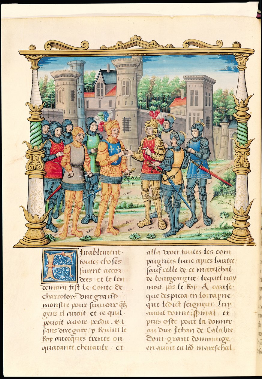 Ms 18 f.32v Konflansfördraget mellan Ludvig XI och Karl den djärve, hertig av Bourgogne, oktober 1465, från Philippe av Commines memoarer (1445-1509) av French School
