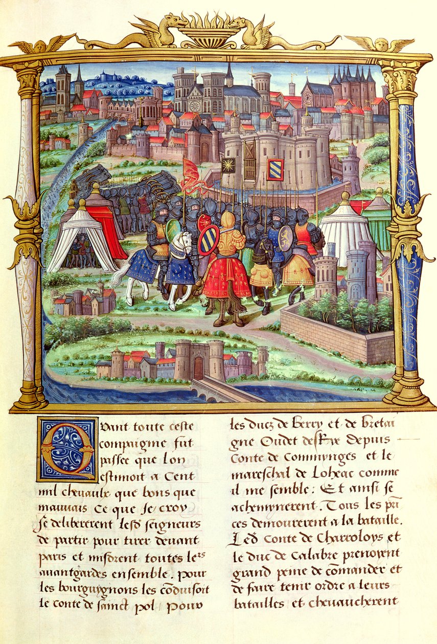 Ms 18 fol.19r Greven av Charolais och hans armés ankomst till belägringen av Paris, från Memoires de Philippe de Comminnes, 1489-98 av French School