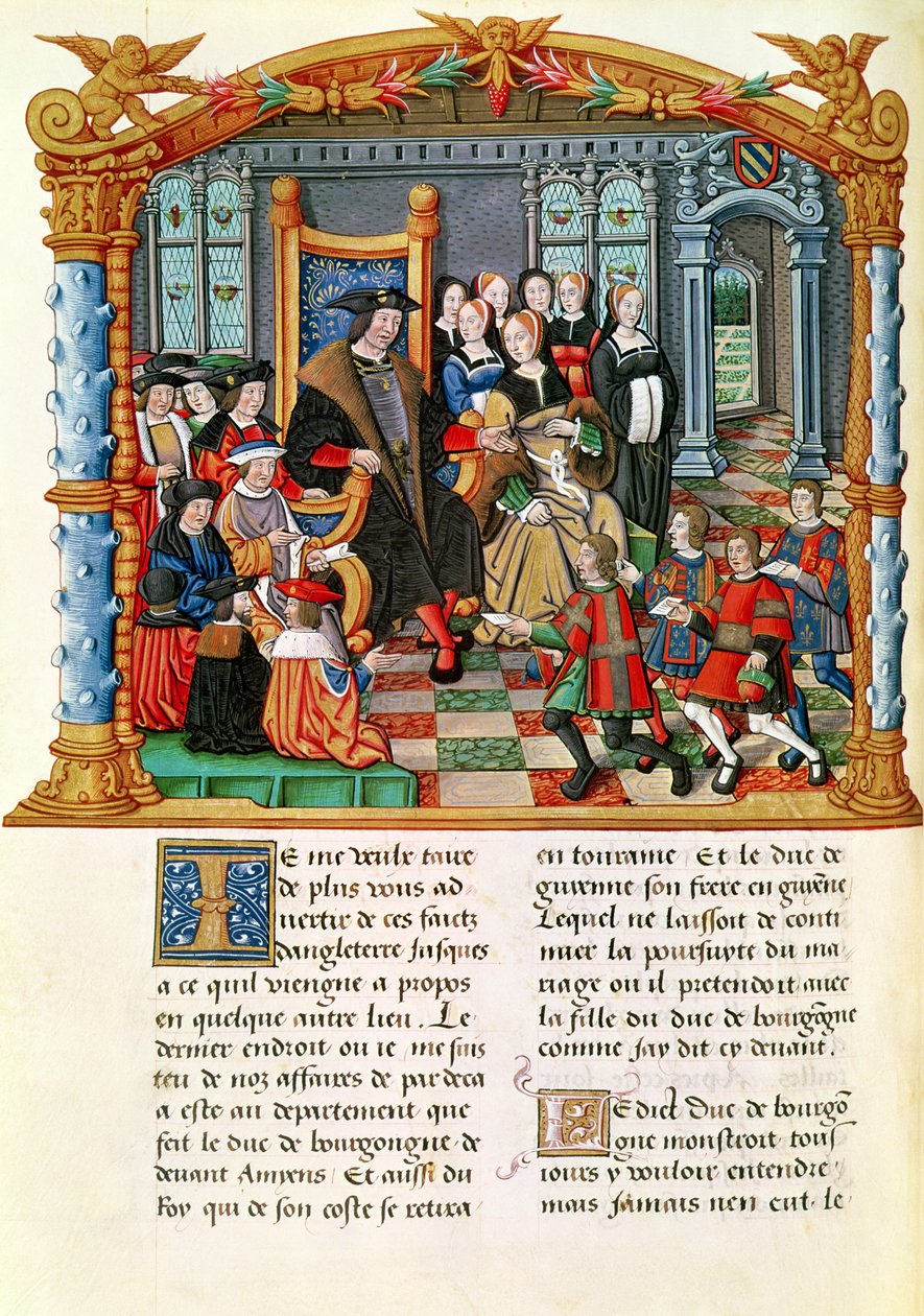 Ms 18 fol.84v Karl den djärve, hertig av Bourgogne, som tar emot sändebuden från Frankrike och Guyenne, från Philippe of Commines