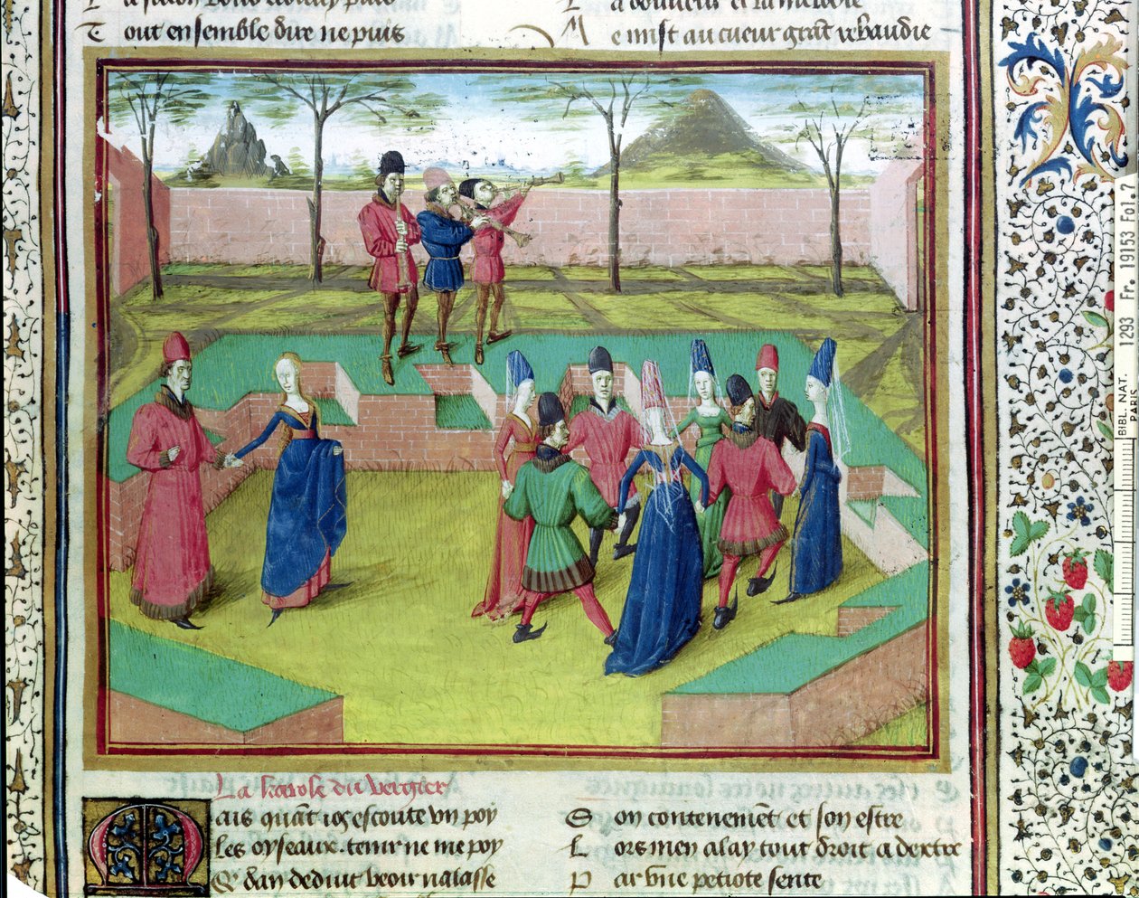 Ms 19153 f.7 A Carole in the Orchard, illustration från Le Roman de la Rose av Jean de Meung, ca 1460 av French School