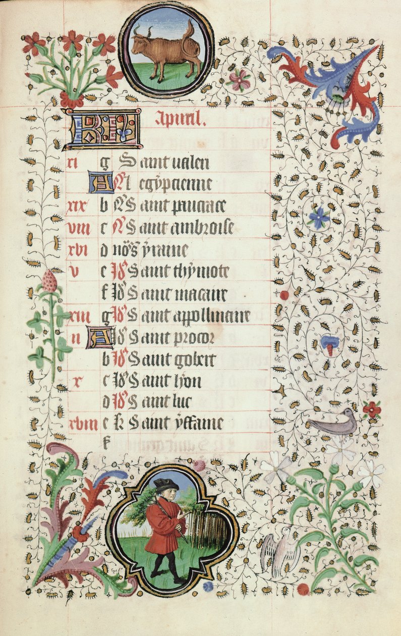 Fru 19 april: Oxen och en man som bär en gren, från en timbok, tidigt 1400-tal av French School