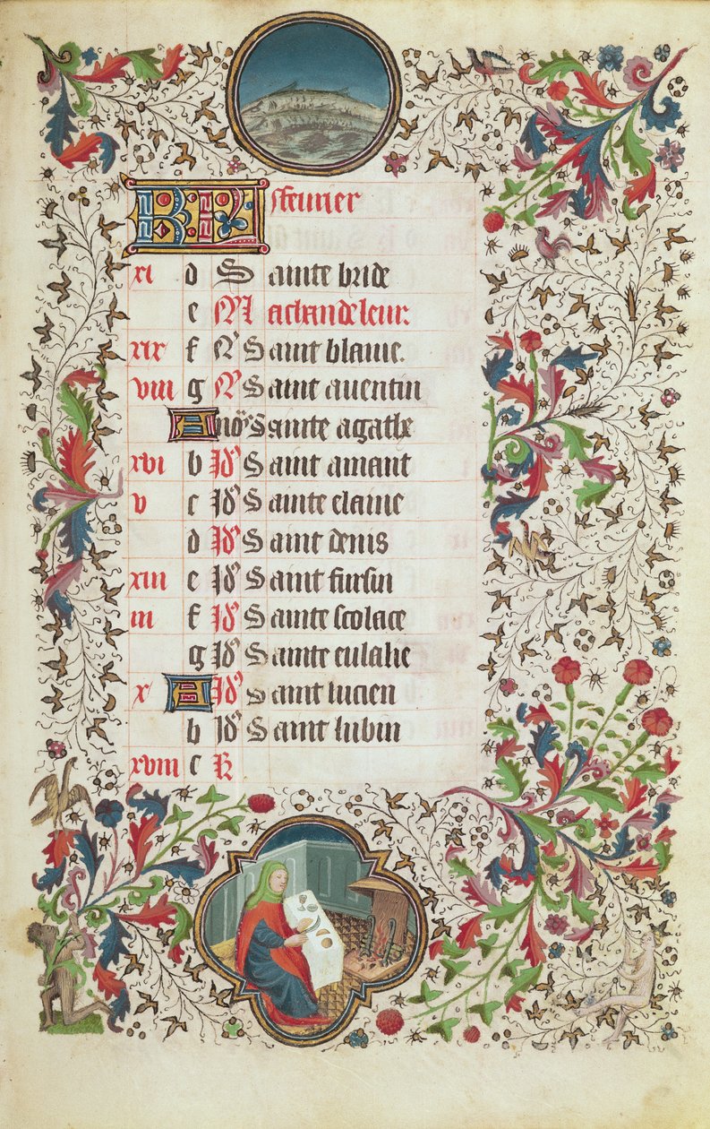 Fru 19 februari: Fiskarna och en man festar, från en timbok, tidigt 1400-tal av French School