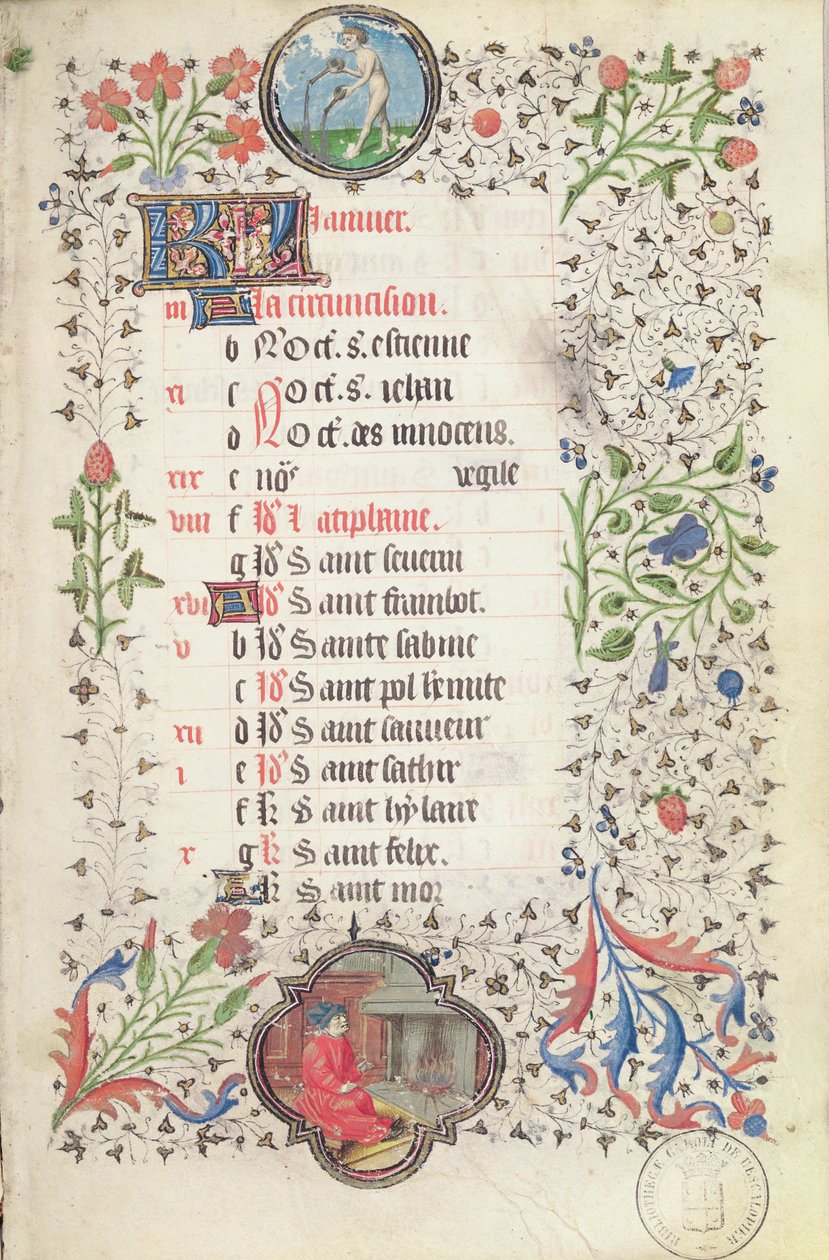 Fru 19 januari: Vattumannen och en man som värmer sig vid en härd, från en timbok, tidigt 1400-tal av French School