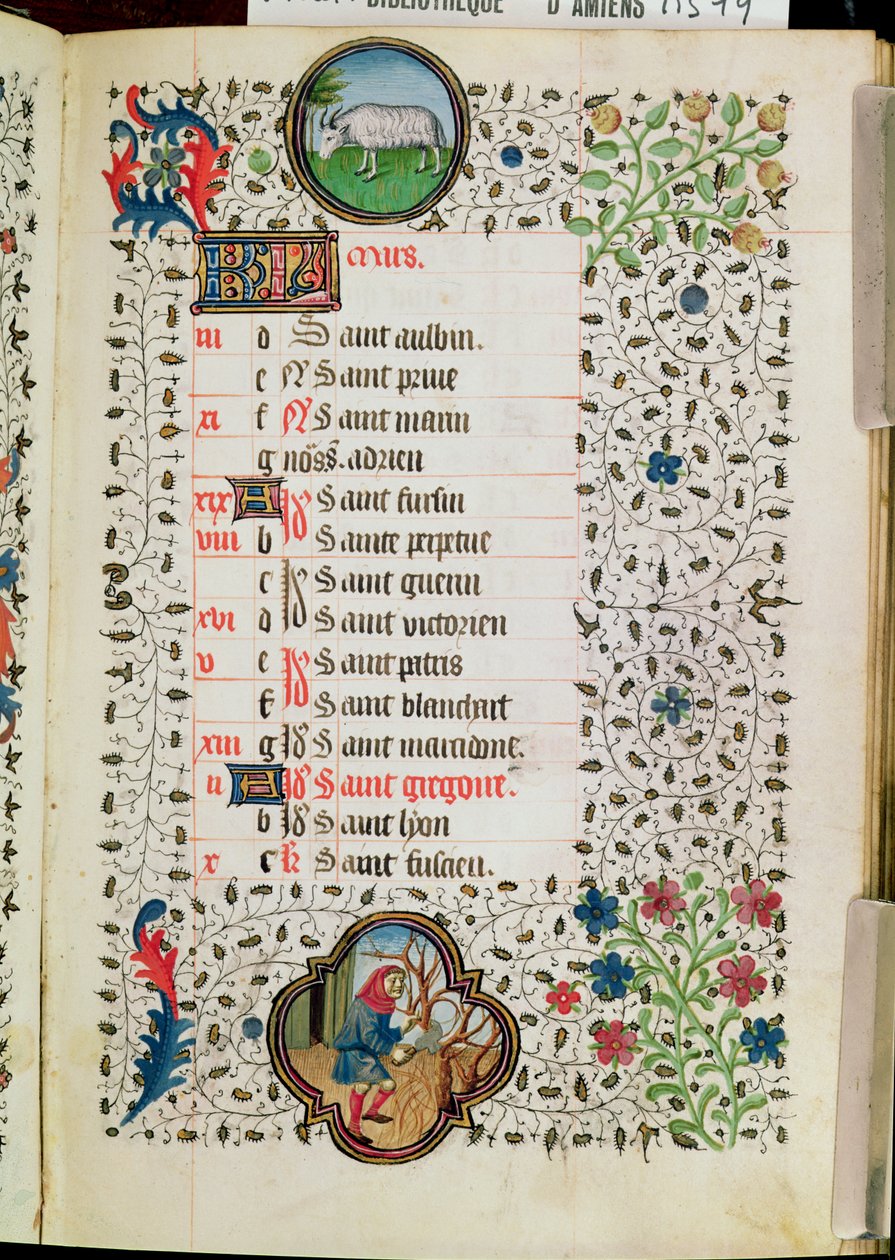 Fru 19 mars: Vädur och en man som fäller träd, från en timbok, tidigt 1400-tal av French School