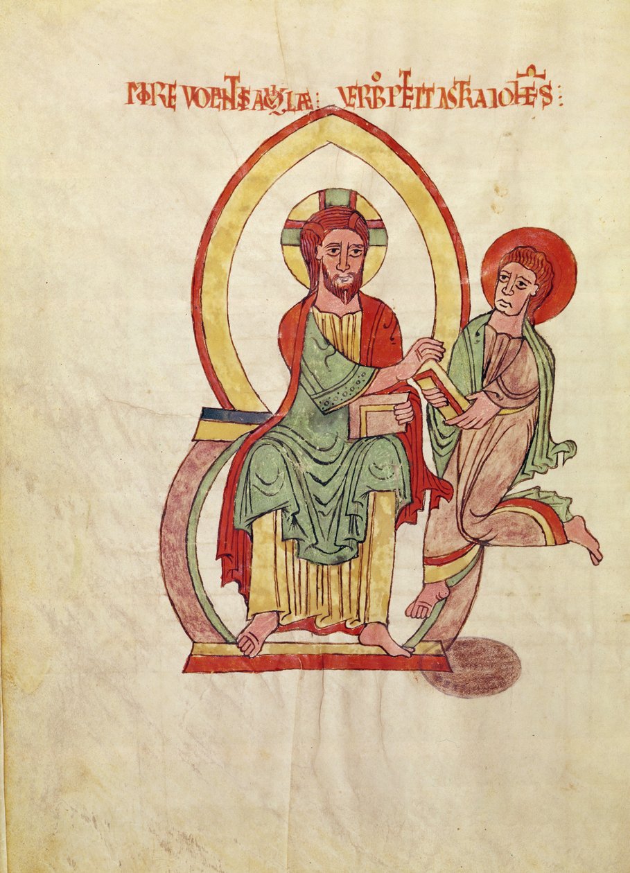 Ms. 1 Fol 111v Saint John springer för att ta emot evangeliet från Kristus, sittande i en mandorla, miniatyr från Evangeliet från Saint-Michel-de-Cuxa, ca 1070-1130 av French School