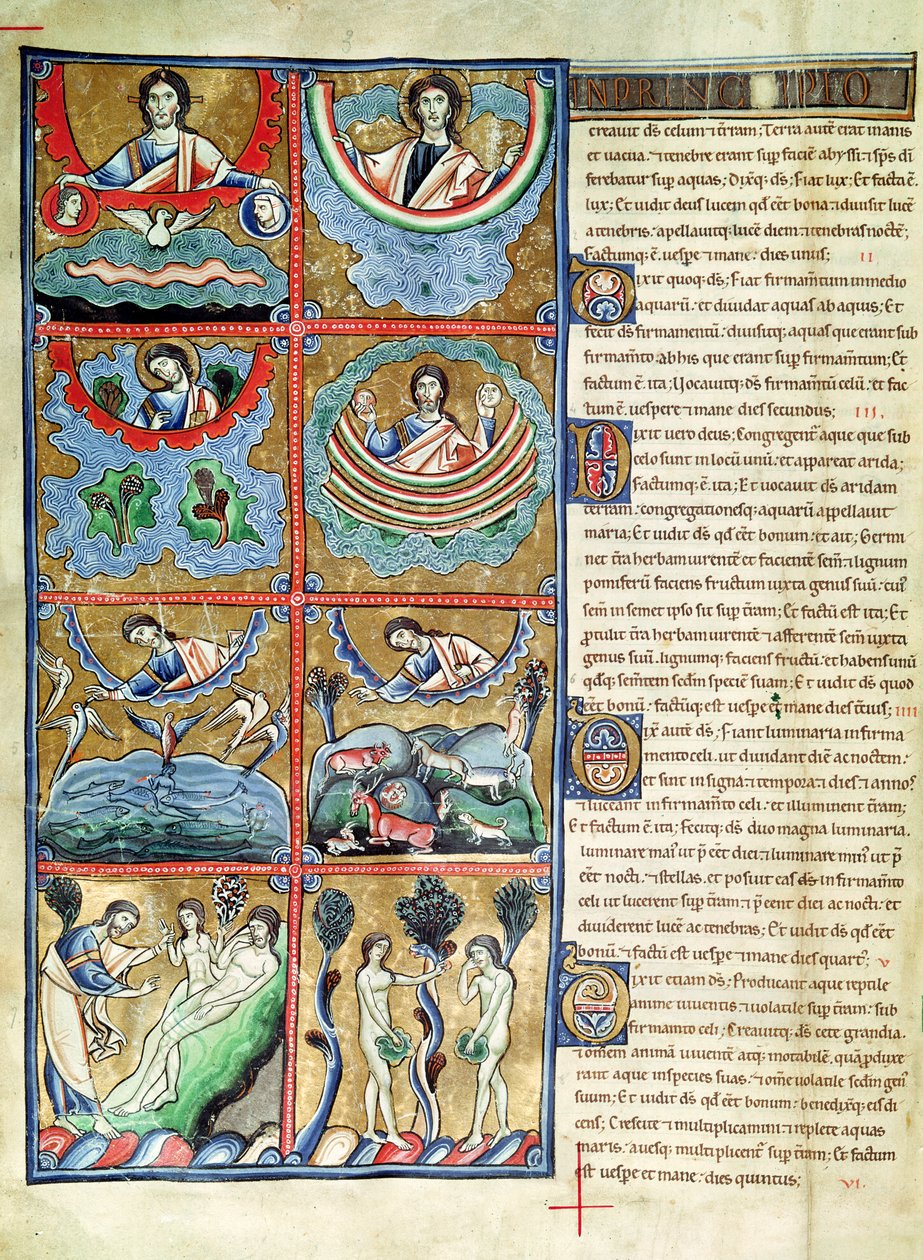 Ms 1 f.4v The Creation of the World, från Souvigny-bibeln av French School