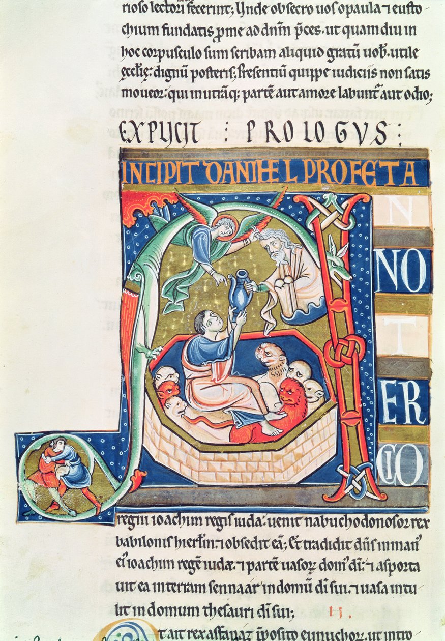 Ms 1 fol.185v Historikerad initial A föreställande Daniel i lejonhålan, från Souvigny-bibeln av French School