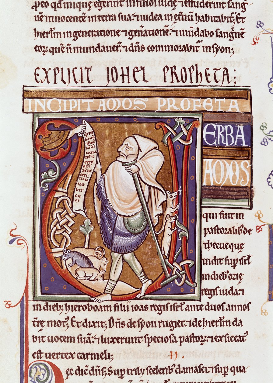 Ms 1 fol.194v Historikerad initial V som föreställer Amos, från Souvigny-bibeln av French School