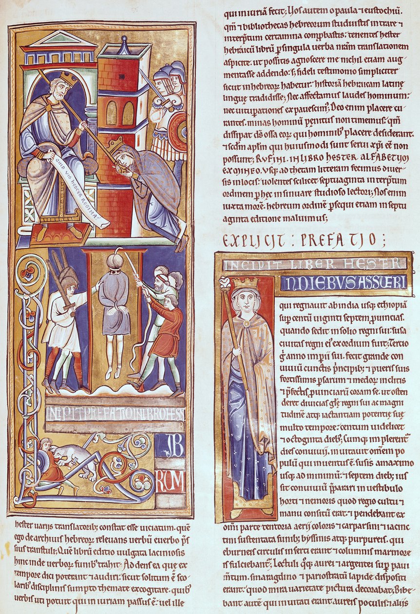 Ms 1 fol.284r Ester och Ahasveros och Hamans hängning, från Souvignybibeln av French School