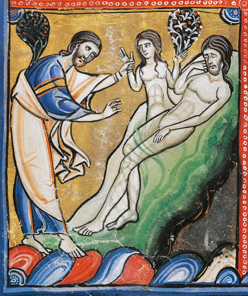 Ms 1 fol.4v Evas skapelse från Adams revben, detalj från Bibeln om Souvigny (vellum) av French School