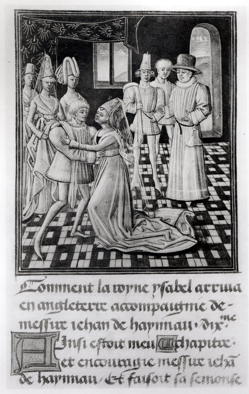 Fru 1 fol. 6 v Isabella av Frankrike, drottning av England, tar avsked av Vilhelm I, greve av Hainaut, från Froissarts Chronicle av French School