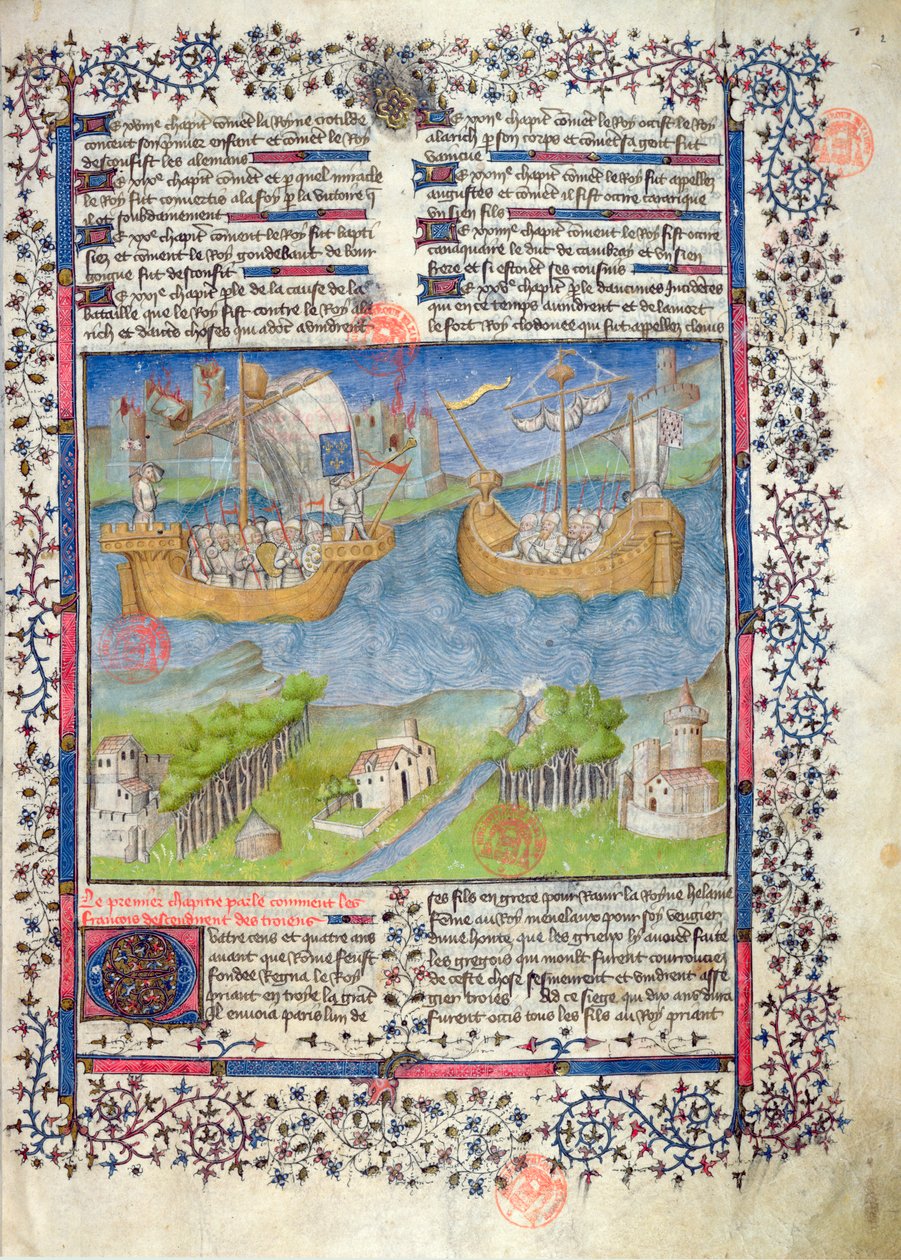 Ms 2028 fol. 2 Den franska nationens trojanska ursprung, från Grandes Chroniques de France av French School