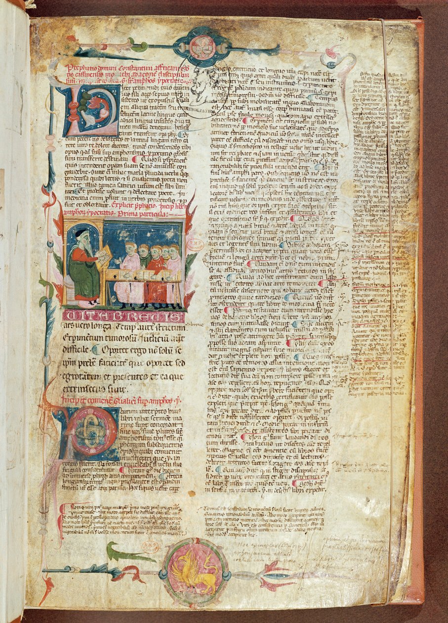 Fru 2046 fol. 1 Instruktionsscen, första sidan av Aforismer av Hippokrates med kommentarer av Galen av French School
