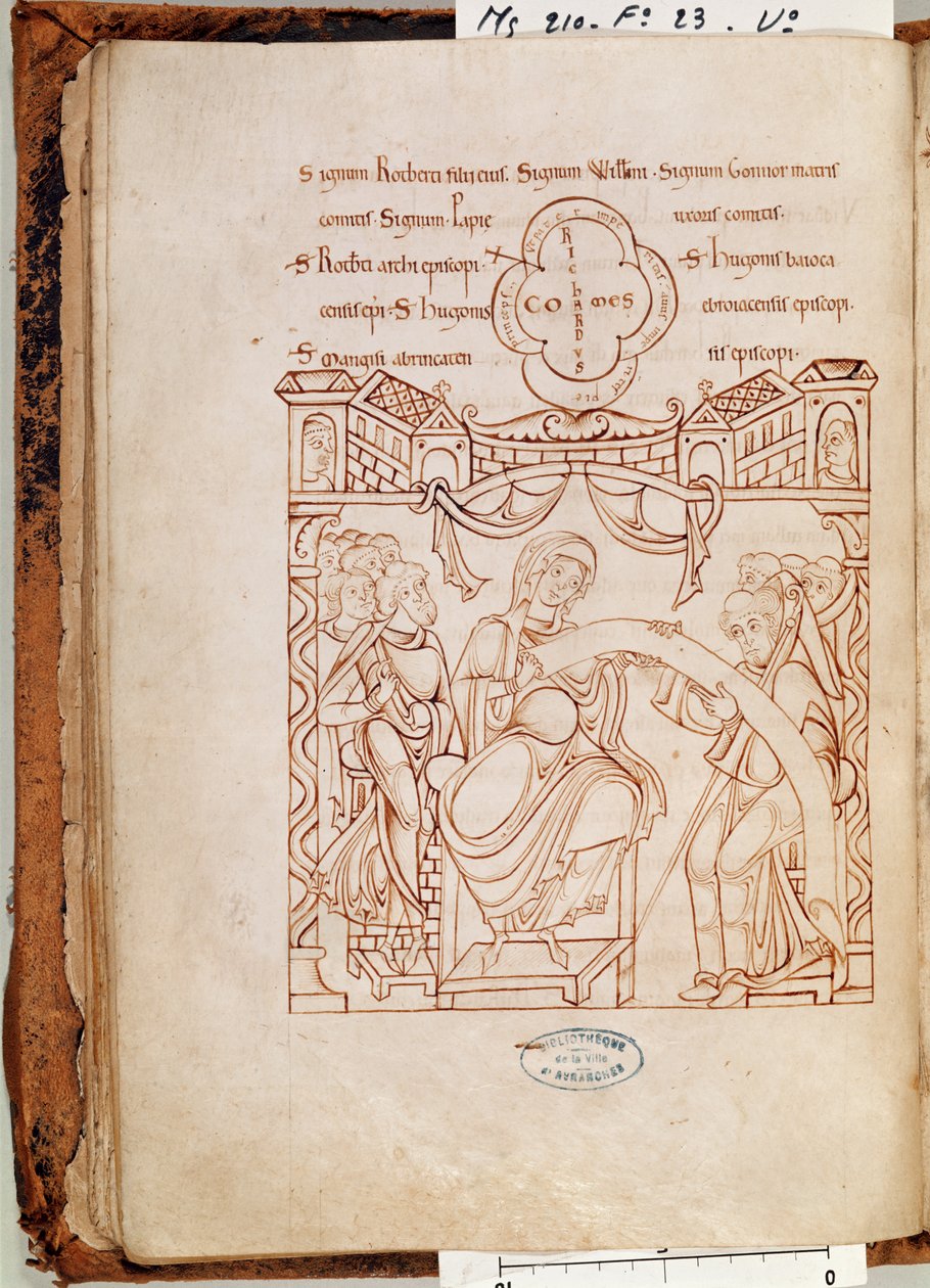 Ms 210 fol.23v Donationen av Gonnor, hertiginnan av Normandie, till klostret Mont Saint-Michel, från Cartulaire de Mont-Saint-Michel, 1150-talet av French School