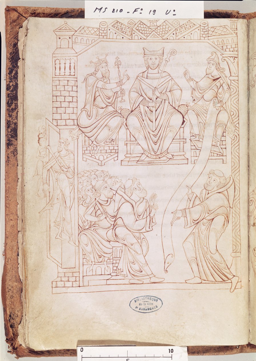 Ms 210 fol 19v. Cartulary of Mont Saint-Michel: Hertig Richard II av Normandie ger en gåva av landområden och privilegier till klostret Mont St. Michel, 1150-talet av French School