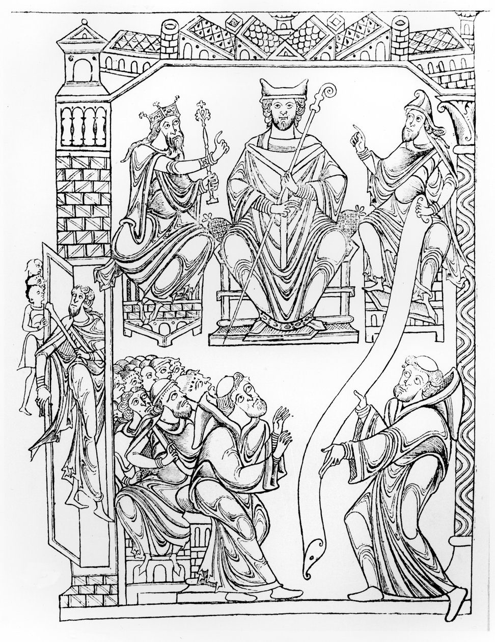 Ms 210 fol 19v. Cartulary of Mont Saint-Michel: Hertig Richard II av Normandie ger en gåva av landområden och privilegier till klostret Mont St. Michel, (gravyr efter en teckning från 1150-talet) av French School