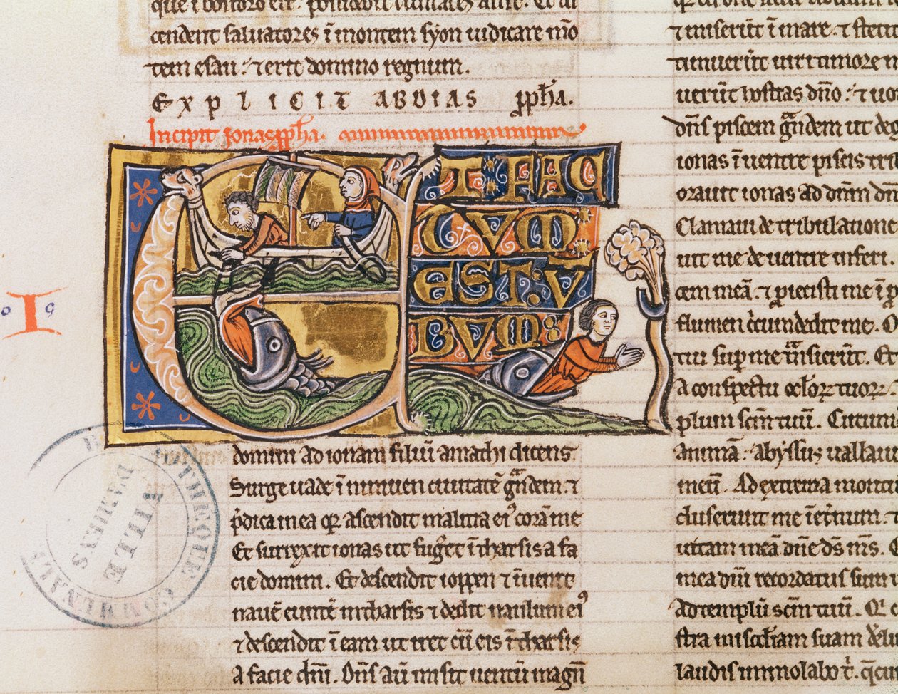 Ms 21 Fol.163v Historikerad initial E som visar Jona som kastas i havet, från en ospecificerad bibel av French School
