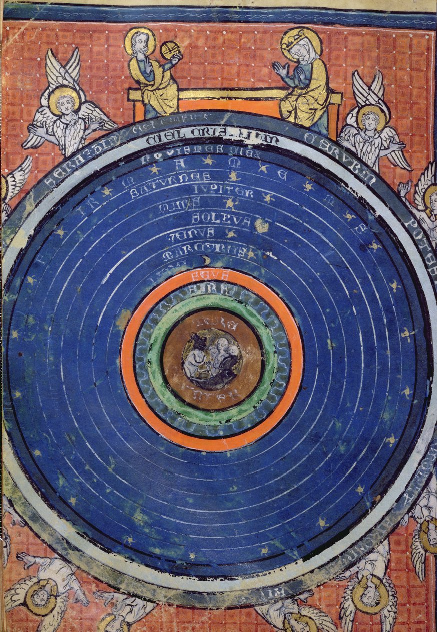Ms 2200 f.115v. Världen, enligt Aristoteles, miniatyr från De Philosophia Mundi av Guillaume de Conches (1100-54) 1276-77 av French School