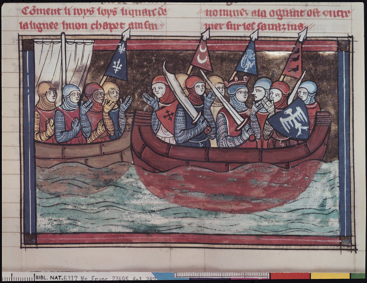 Ms 22495 fol.287 Ombordstigning för utlandet, från Le Roman de Godefroi de Bouillon, 1337 av French School